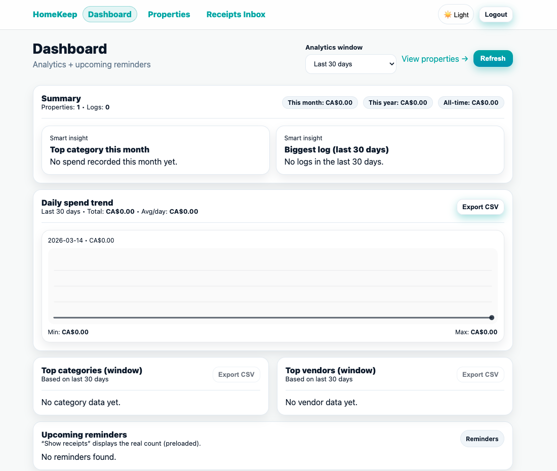 HomeKeep dashboard screenshot