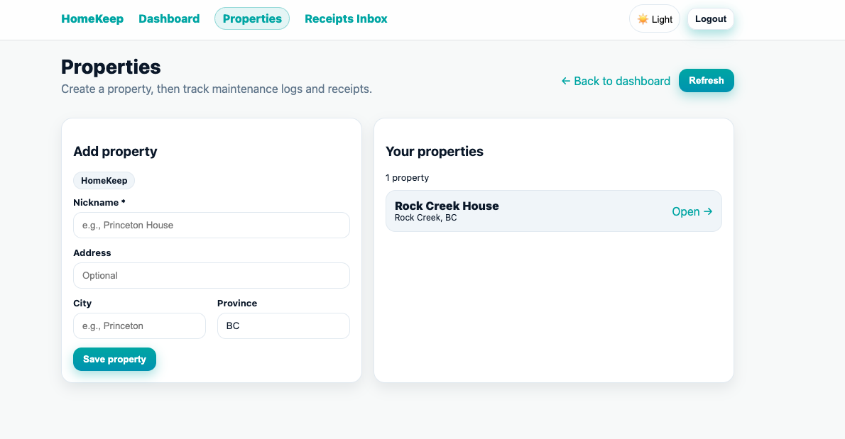 HomeKeep properties screenshot