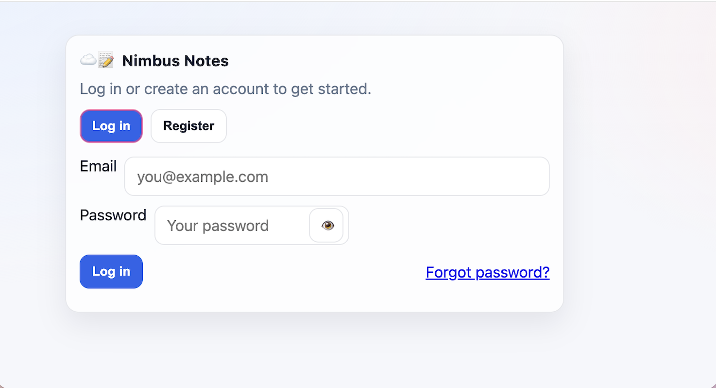 Nimbus Notes login screenshot
