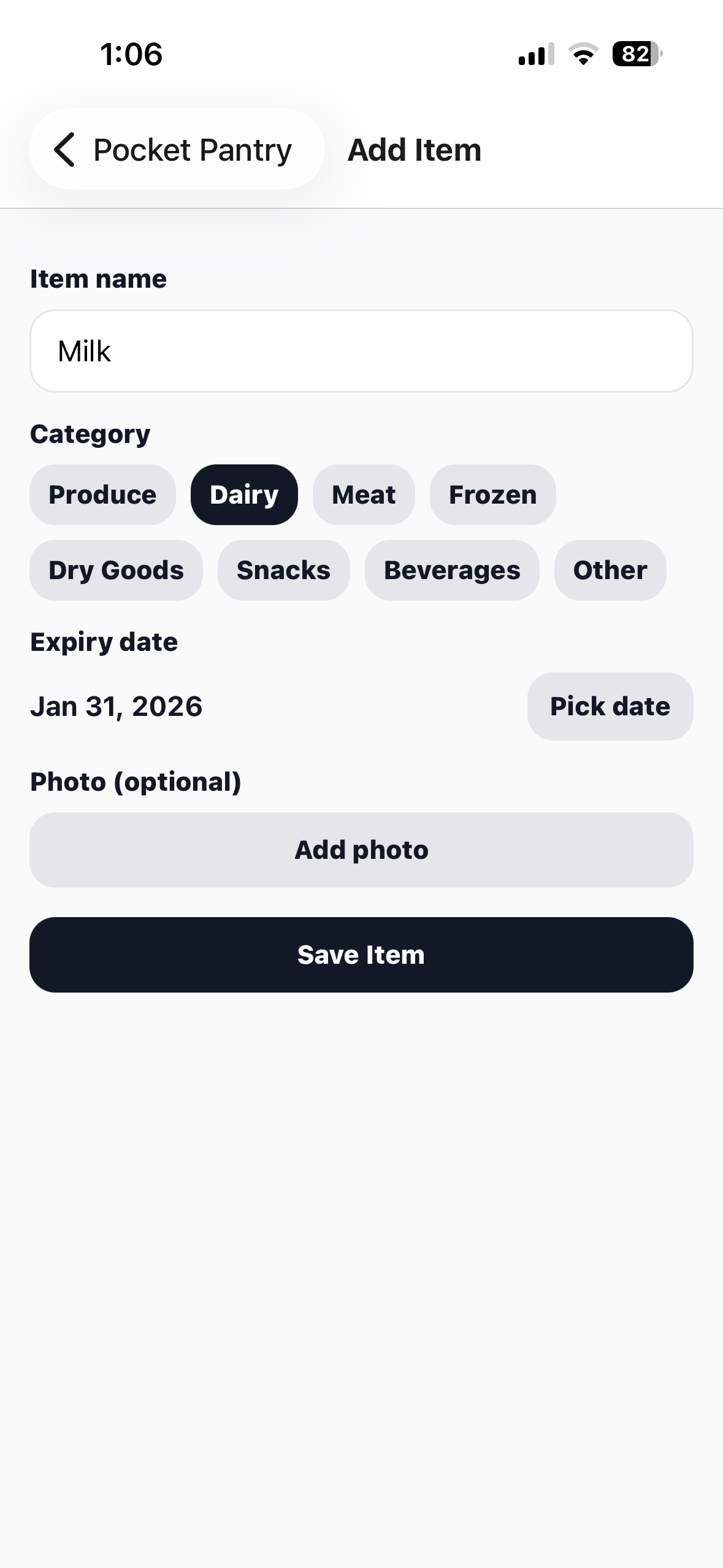 Pocket Pantry add item screenshot