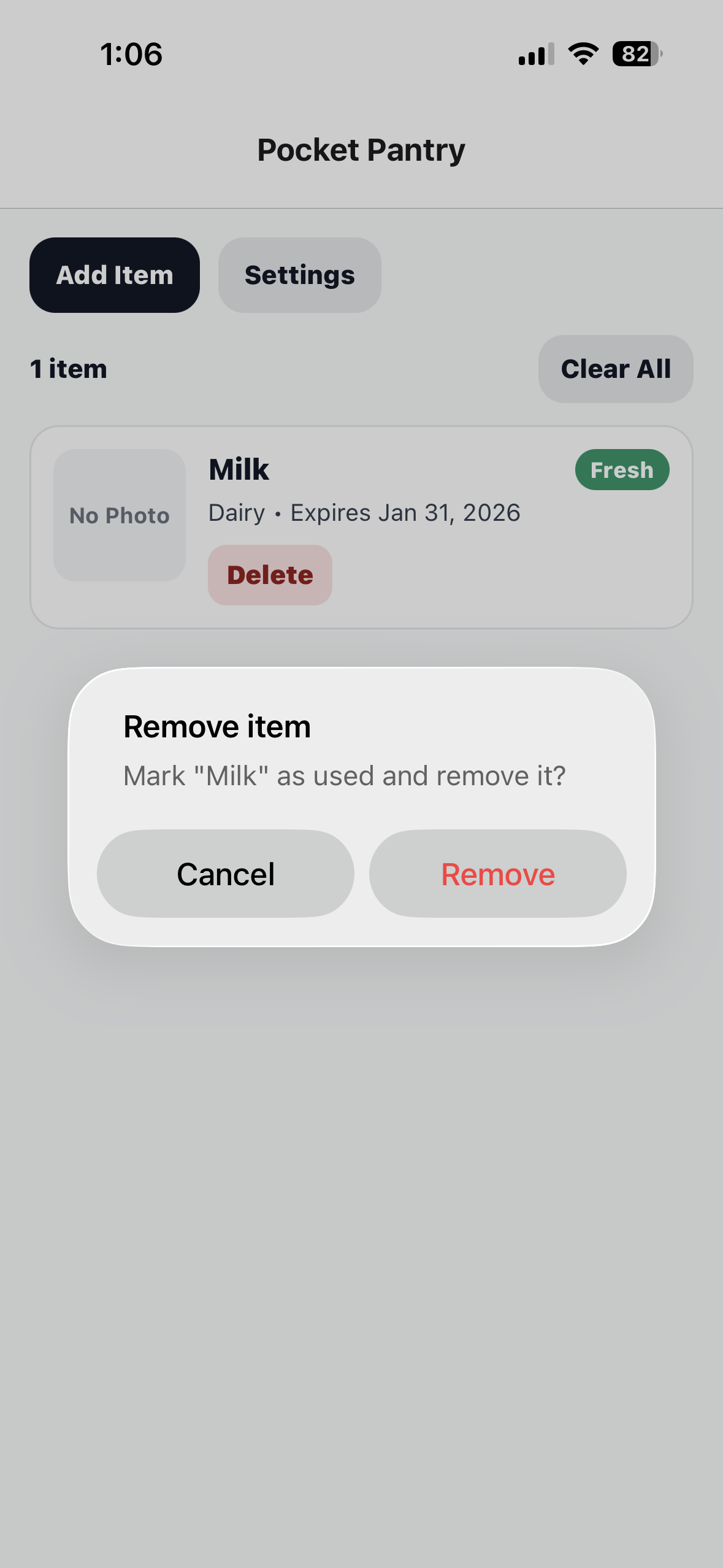 Pocket Pantry remove item screenshot